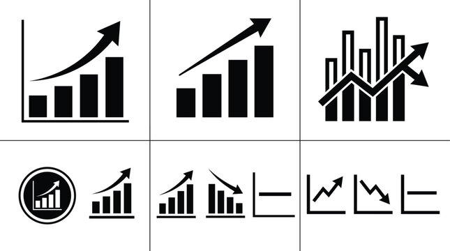 Set of black business growth icons featuring bar charts and line graphs showing upward trends and financial market success for professional data analysis