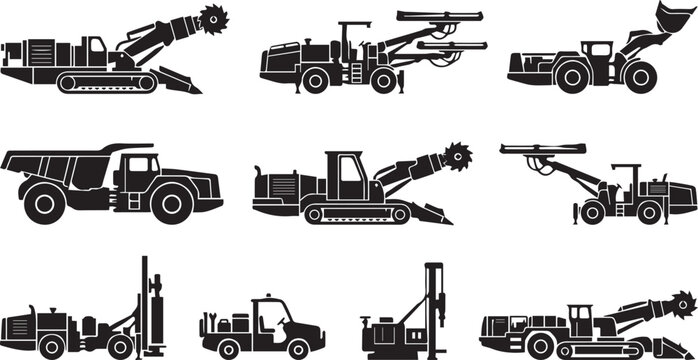 Heavy Underground Mining Drill Rig and Excavation Machinery Silhouettes