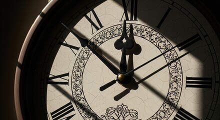 Fototapeta premium Close-up of antique clock face nearing deadline with dramatic midday shadows, symbolizing time pressure and urgency