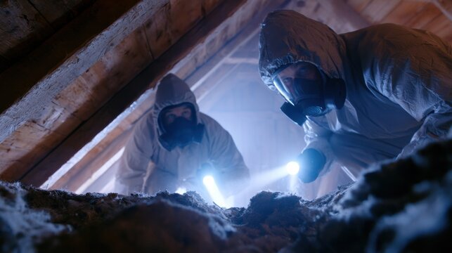 Pest control specialists in protective gear inspecting an attic for contamination, using flashlights to illuminate the area and reveal potential pest issues
