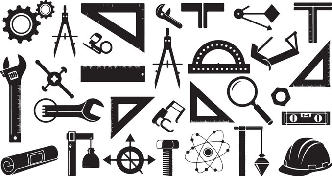 Engineering tools, industrial icons, black and white vector graphics, 25 symbols