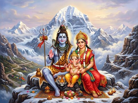 The Divine Family Shiva, Parvati, and Ganesha on Mount Kailash