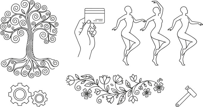 Decorative line art icon collection featuring ornamental tree payment card dancing figures gears floral border and tool illustration set