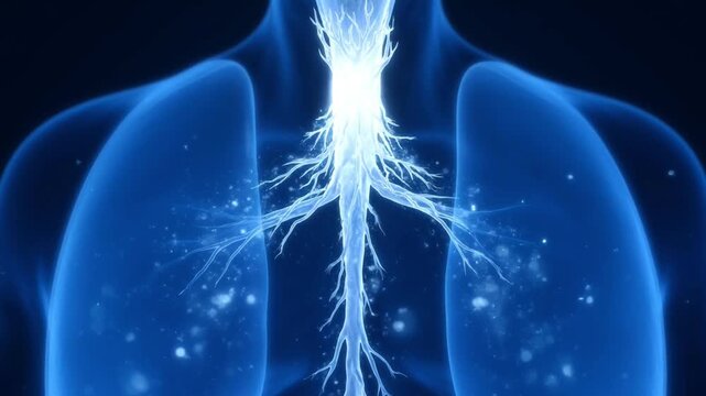 Human respiratory system 3D animation, glowing blue lungs and trachea anatomy, medical visualization of pulmonary health and breathing