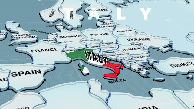 A 3D political map of Europe highlighting ITALY in its national flag colors, ITALY flag, Europe map, italian
