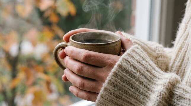 Cozy hands wrapped around a steaming mug
