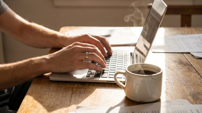 Person working on a laptop computer in a warm, cozy cafe setting with autumn lighting.