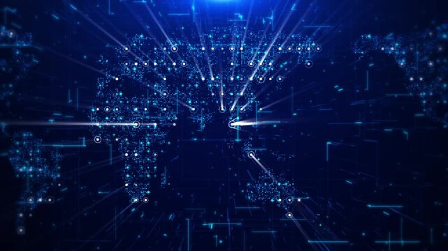 Digital world map abstract background motion graphics with blue glowing particles and light streaks.