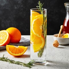 Fototapeta premium Refreshing Drink With Orange Slices and Herbs on a Wooden Table