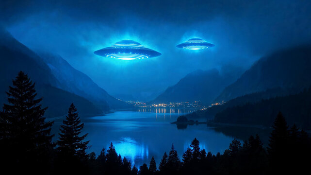 Two glowing uf os or alien spacecraft hovering over a dark lake and mountains at night with flying saucer blue light science fiction spacecraft extraterrestrial