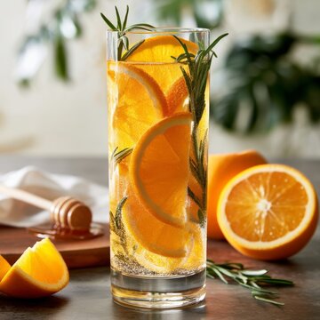 Refreshing Drink With Orange Slices and Herbs on a Wooden Table