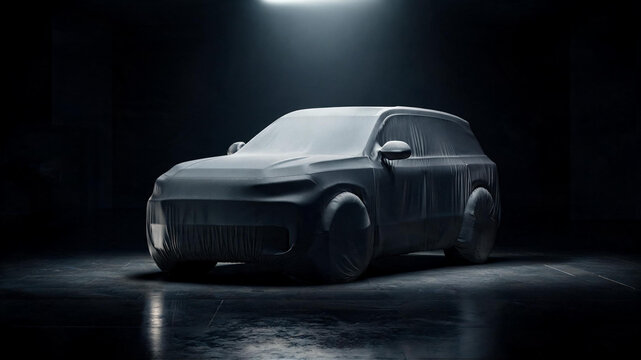 New suv model partially revealed by a light sheet under a bright spotlight creating excitement for its debut automotive industry auto show crossover unveiling