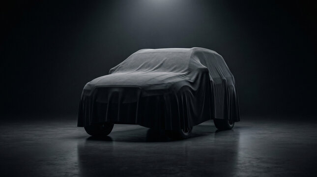 Covered car awaiting reveal in dark studio with textured floor and dramatic diffused lighting dark background hidden object reveal event unveiling automobile
