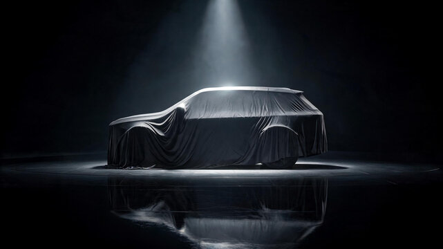 Side view of a mysterious covered vehicle under a dramatic spotlight for an upcoming reveal event on a dark stage with covered car automotive industry auto show