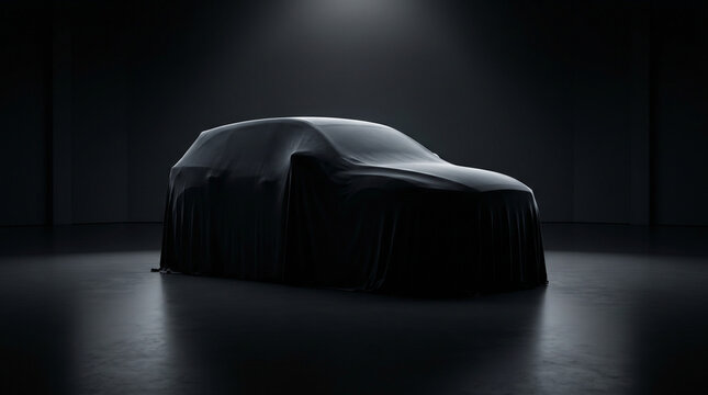 Mysterious covered car under a single spotlight anticipating a new vehicle reveal on a dark reflective stage automotive industry auto show unveiling spotlight
