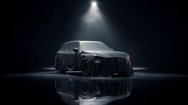 Dynamic moment of a new car model being unveiled the cover sheet being pulled off under a powerful spotlight car unveiling car reveal automotive industry
