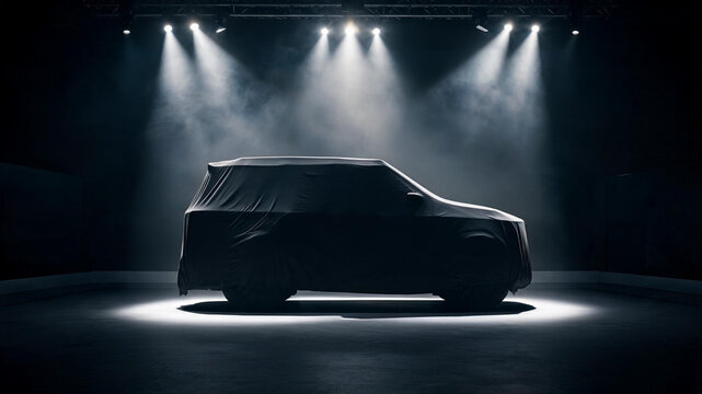 Covered new car model under multiple bright spotlights on a dark stage awaiting its grand unveiling and official launch with car reveal, automotive industry