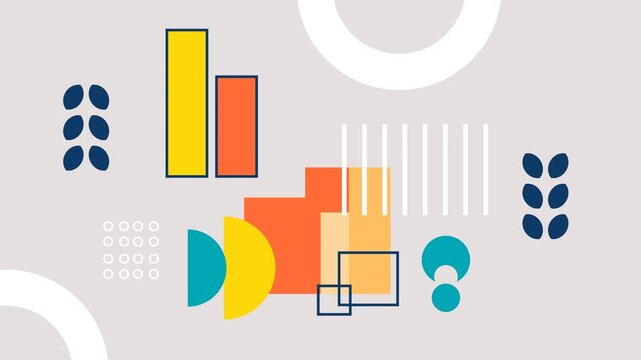 Seamless loop animation of various geometric shapes including circles and rectangles in orange, green, yellow, and white moving gracefully on a solid gray Bauhaus background
