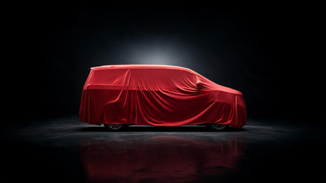 New vehicle prototype hidden under red cloth in dark studio setting for teaser campaign with prototype background silhouette presentation premiere automotive