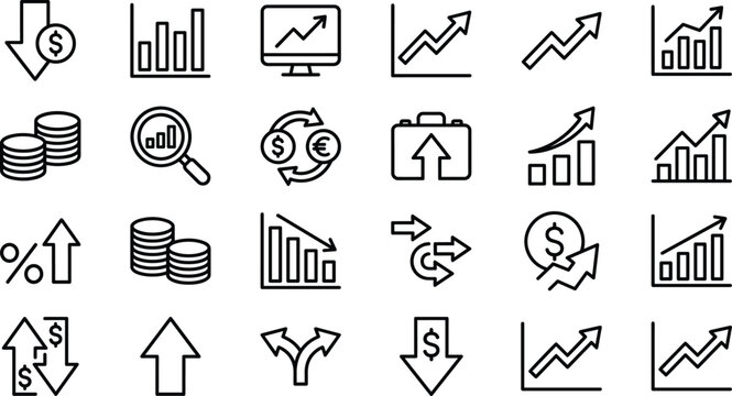Set of financial and business icon outlines featuring growth charts data analysis currency exchange and market trends for professional investment and economy concepts