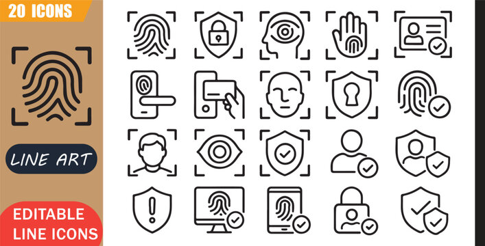 Biometric security icons set, 20 editable line art icons set, lock access control retina id smart verification secure digital privacy, biometric protection tools, minimal clean outline vector