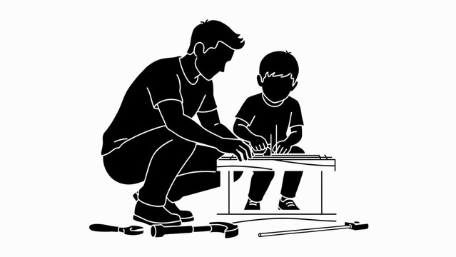 Father's Day Father, son, DIY, woodworking, black, white, illustration, vector, family, bonding, workshop, tools isolated on White Background vector