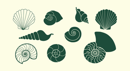 Collection of dark green seashell silhouettes and line art icons including scallop and nautilus. © vectorial