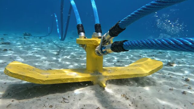 Yellow anchor lies on sandy seabed. Blue ropes extend from anchor. Sunlight filters through clear water. Underwater scene with no visible people. Bright sunlight illuminates the sandy bottom.