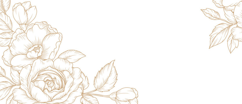 Luxury floral line art background with golden hand drawn flowers. Vector design with a bouquet of flowers, branches, leaves for card, business card, flyer, banner, wedding invitation, cover, wallpaper