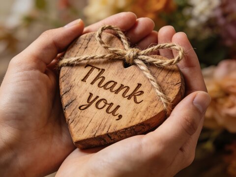 Hands holding a wooden heart with a heartfelt thank you message.