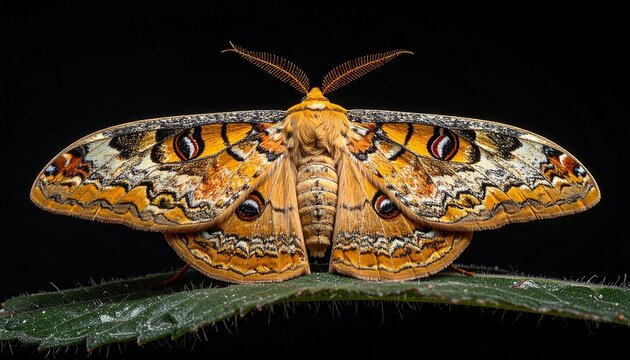Colorful Giant Moth Resting with Open Wings on Green Leaf Against Black Background