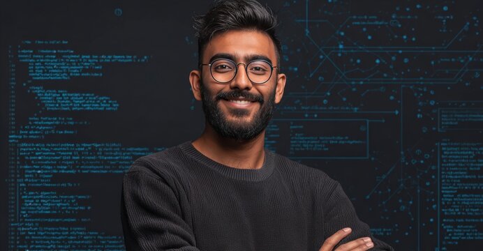 South Asian male database engineer with a proud expression