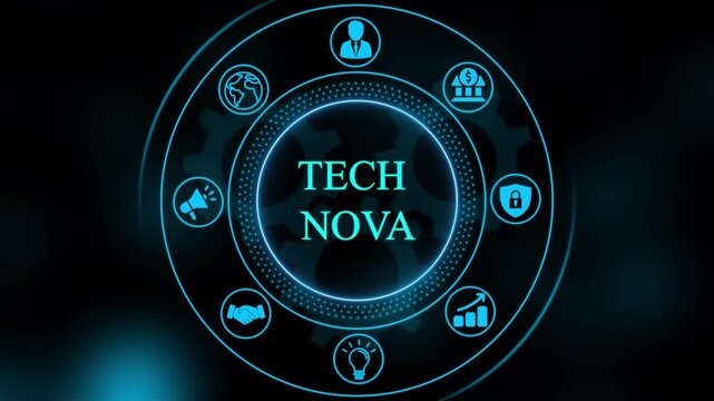 Tech nova digital business interface with rotating gear and global connectivity network motion background