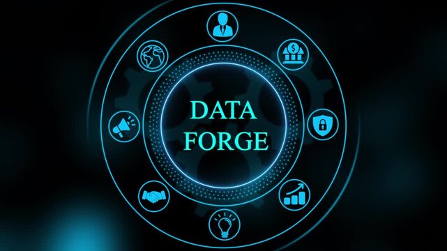 Data forge digital interface with rotating gear and business network symbols for corporate technology concepts