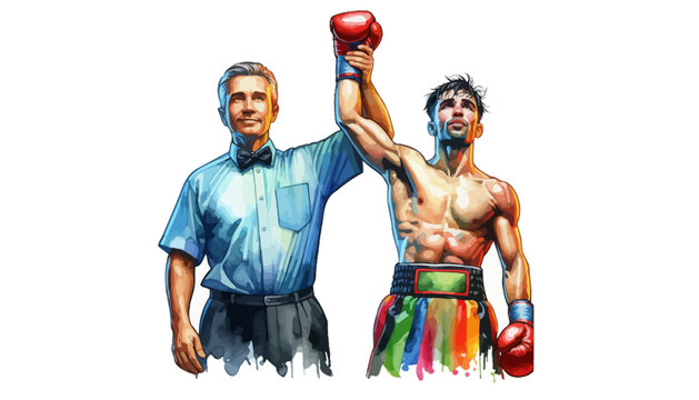 Boxer winning a match with referee raising his hand in victory