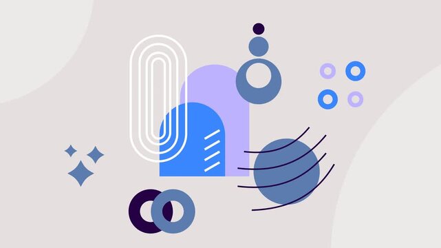 Seamless loop animation of various geometric objects in blue, gray, and purple moving harmoniously on a soft beige background, showcasing a refined and modern Bauhaus aesthetic