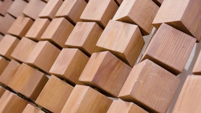 Modern wooden wall panel featuring a geometric pattern of protruding timber cubes. Contemporary interior design element with natural wood texture and rhythmic architectural structure