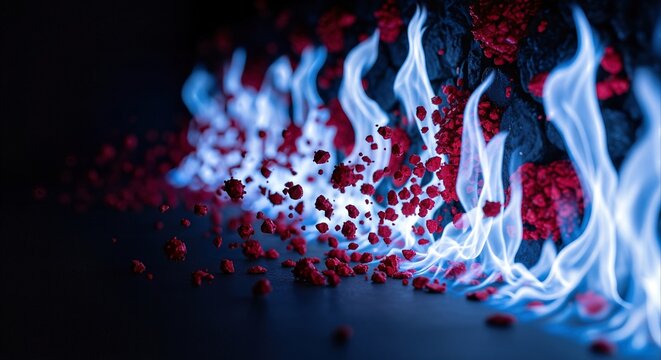 Blue Flames Ignite and Dissolve Red Digital Fragments, Symbolizing Cybersecurity Protection Against Malicious Code
