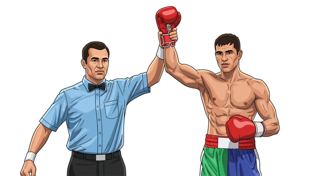 Boxer winning a fight with referee raising his hand in victory gesture
