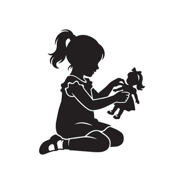 Silhouette of Little Girl Sitting and Playing with Doll