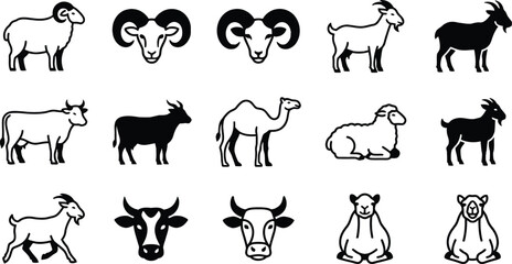 Obraz premium Livestock Icon Set: Sheep, Goat, Cow, and Camel Silhouettes for Eid and Farming Designs