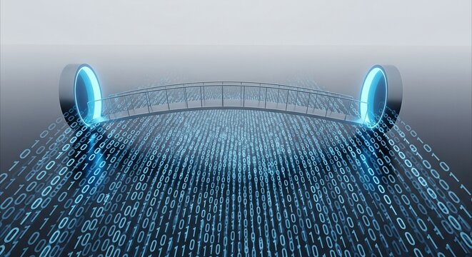 Futuristic bridge connecting glowing portals over flowing binary code, symbolizing digital transformation and cloud migration in technology