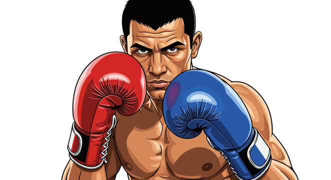 Cartoon boxer with red and blue gloves in fighting stance