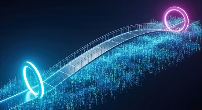 Futuristic glowing portals connected by a sleek bridge over a digital cloud of binary code