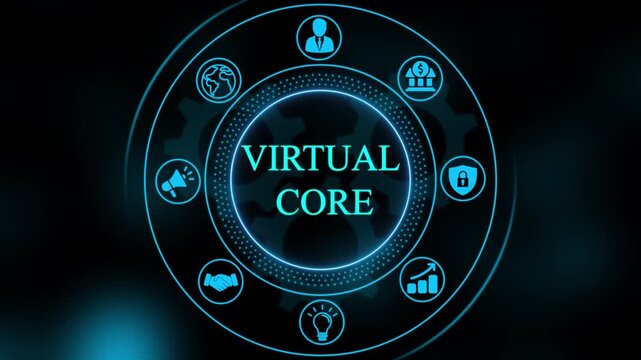 Virtual core digital interface with business and rotating gear animation for corporate tech presentations
