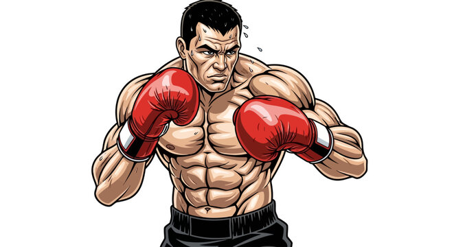 Muscular man in red boxing gloves fighting aggressively