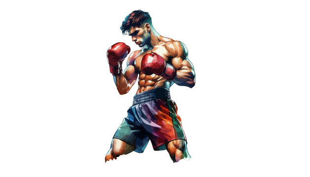 Muscular man in boxing stance with red gloves and colorful shorts