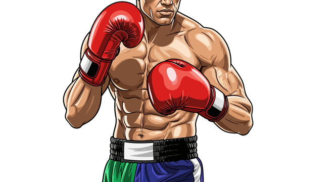 Muscular man in boxing gloves ready to fight