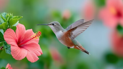 Naklejka premium Hummingbird Feeding on Vibrant Hibiscus Flower