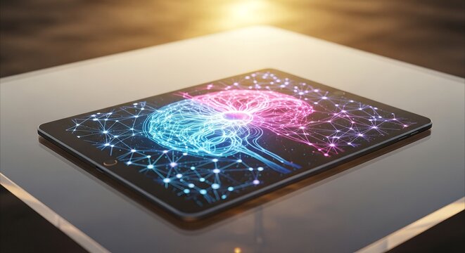 Digital brain visualization on a tablet, AI and human connection, technology and innovation concept, warm light background